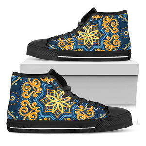 Blue And Gold Bohemian Mandala Print Black High Top Sneakers