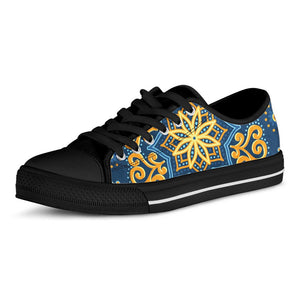 Blue And Gold Bohemian Mandala Print Black Low Top Sneakers