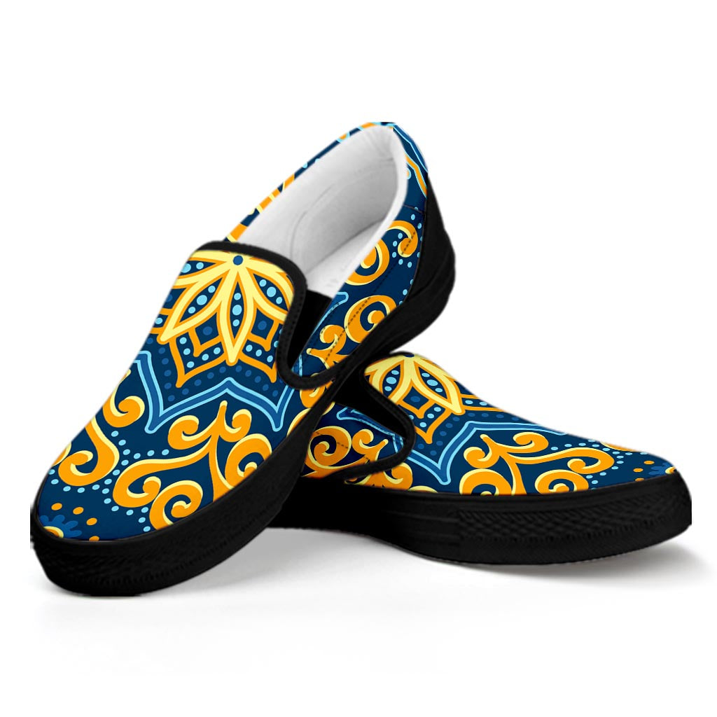 Blue And Gold Bohemian Mandala Print Black Slip On Sneakers