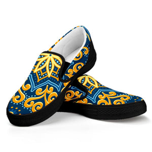 Blue And Gold Bohemian Mandala Print Black Slip On Sneakers