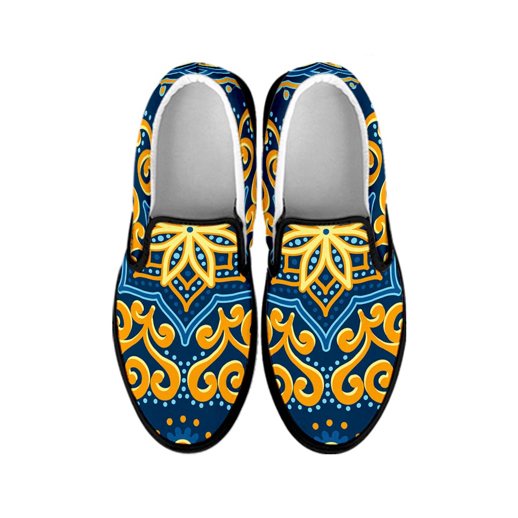 Blue And Gold Bohemian Mandala Print Black Slip On Sneakers