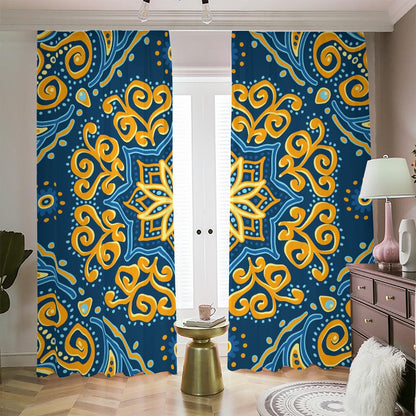 Blue And Gold Bohemian Mandala Print Blackout Pencil Pleat Curtains