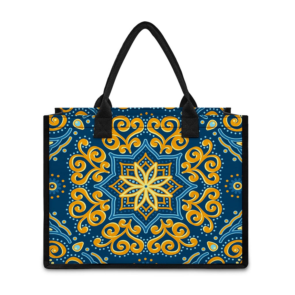 Blue And Gold Bohemian Mandala Print Canvas Tote Bag