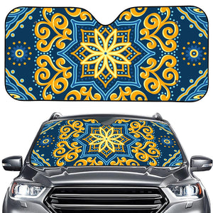 Blue And Gold Bohemian Mandala Print Car Windshield Sun Shade