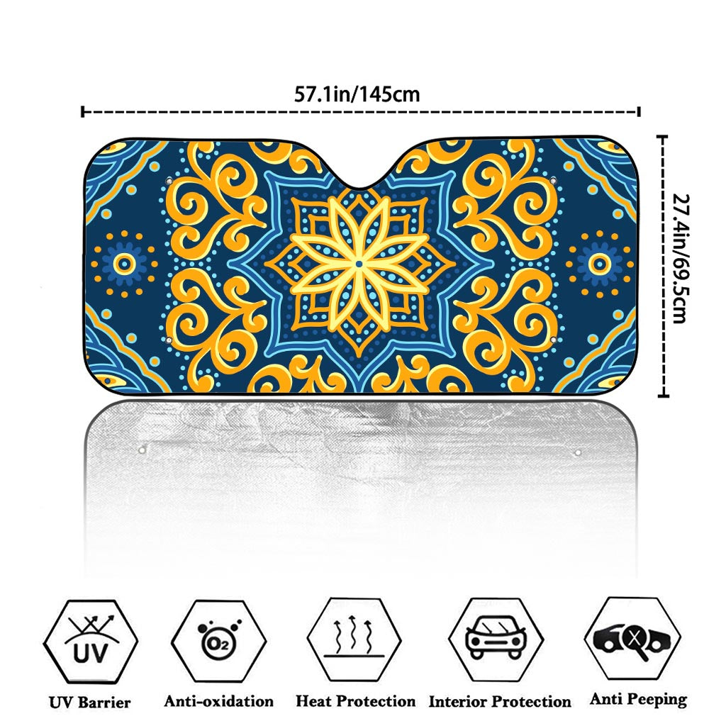 Blue And Gold Bohemian Mandala Print Car Windshield Sun Shade