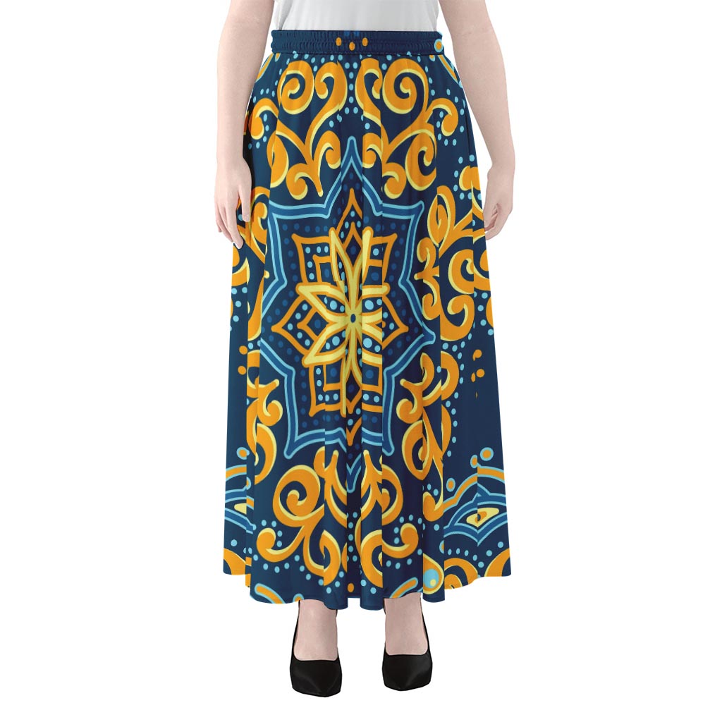 Blue And Gold Bohemian Mandala Print Chiffon Maxi Skirt