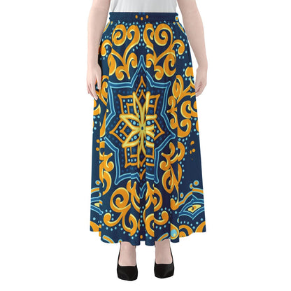 Blue And Gold Bohemian Mandala Print Chiffon Maxi Skirt