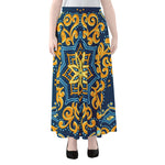 Blue And Gold Bohemian Mandala Print Chiffon Maxi Skirt