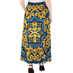 Blue And Gold Bohemian Mandala Print Chiffon Maxi Skirt