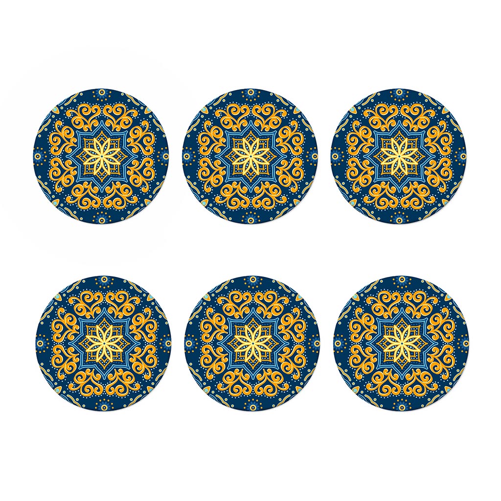 Blue And Gold Bohemian Mandala Print Coaster Set