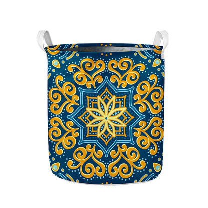 Blue And Gold Bohemian Mandala Print Collapsible Laundry Basket