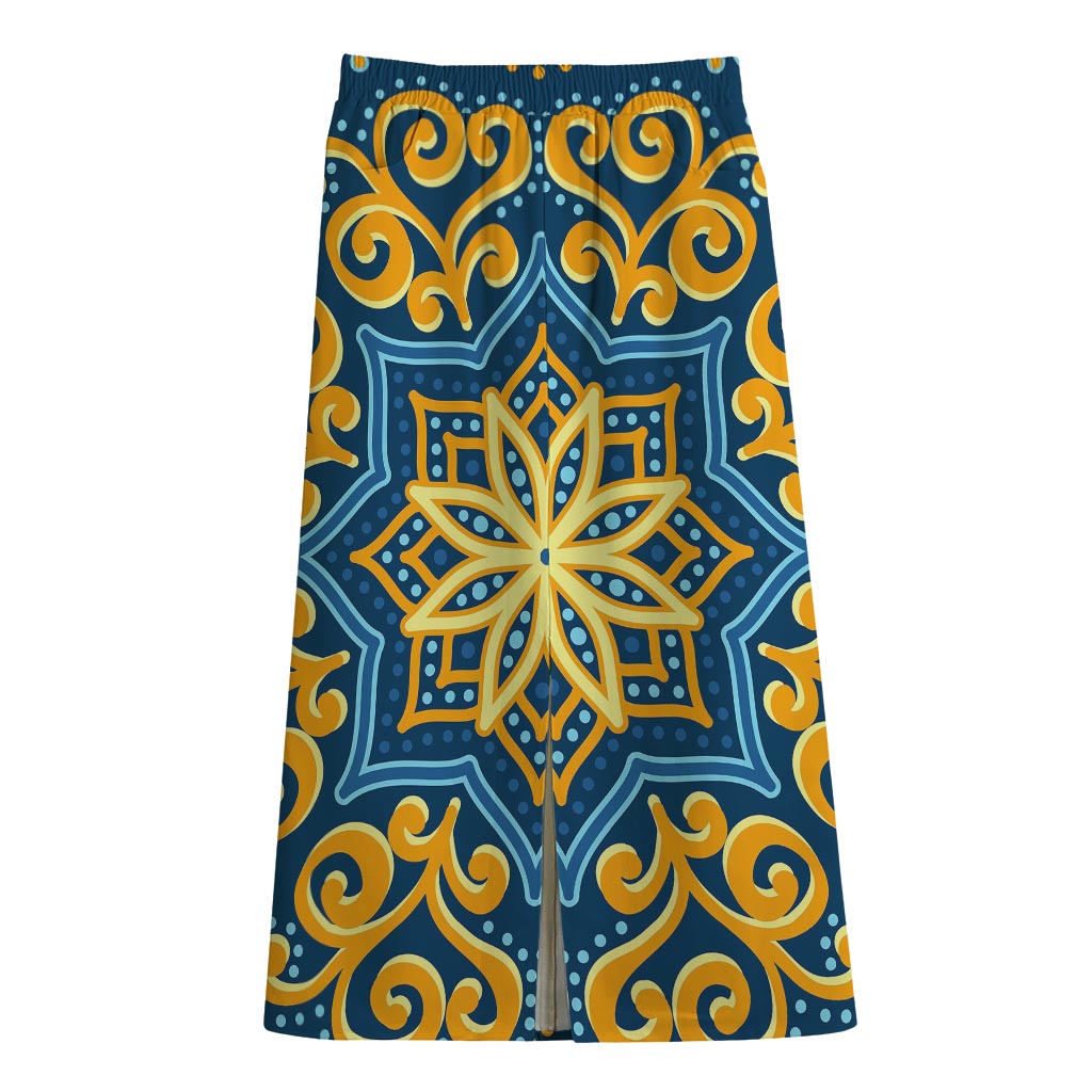 Blue And Gold Bohemian Mandala Print Cotton Front Slit Maxi Skirt