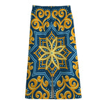 Blue And Gold Bohemian Mandala Print Cotton Front Slit Maxi Skirt