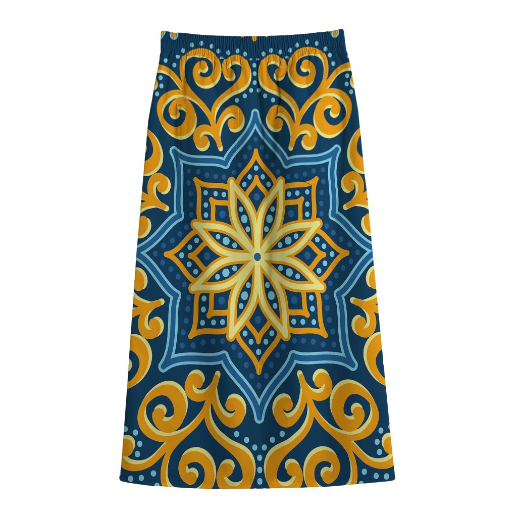 Blue And Gold Bohemian Mandala Print Cotton Front Slit Maxi Skirt