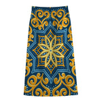 Blue And Gold Bohemian Mandala Print Cotton Front Slit Maxi Skirt