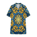 Blue And Gold Bohemian Mandala Print Cotton Hawaiian Shirt