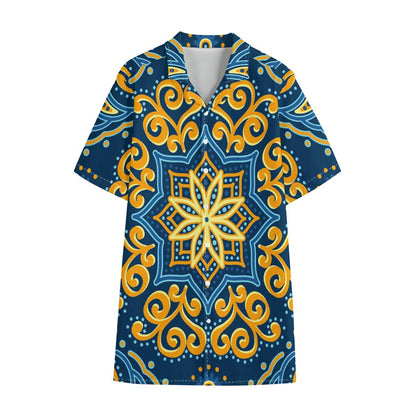 Blue And Gold Bohemian Mandala Print Cotton Hawaiian Shirt