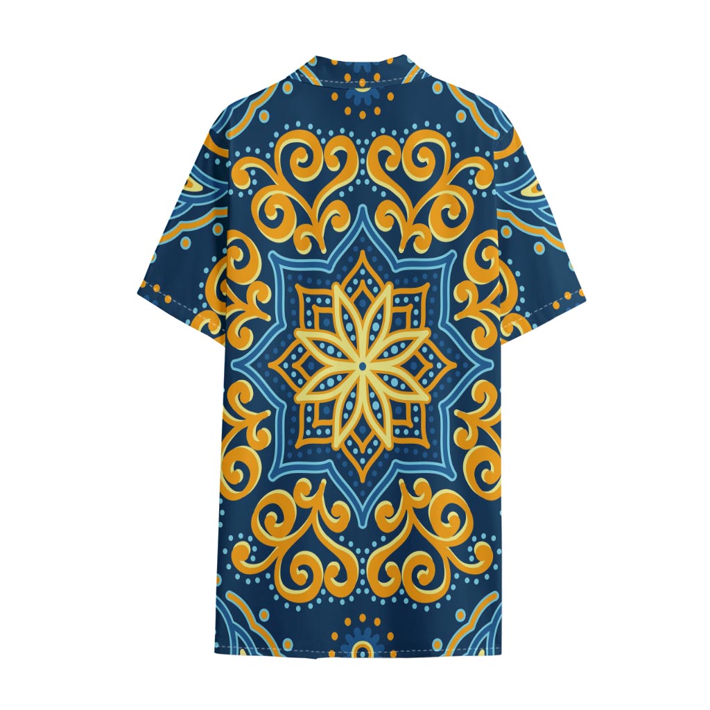 Blue And Gold Bohemian Mandala Print Cotton Hawaiian Shirt
