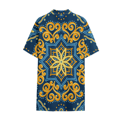 Blue And Gold Bohemian Mandala Print Cotton Hawaiian Shirt