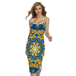 Blue And Gold Bohemian Mandala Print Cross Back Cami Dress