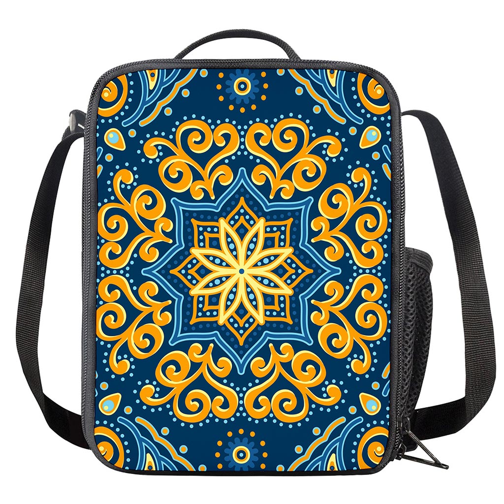 Blue And Gold Bohemian Mandala Print Crossbody Lunch Bag