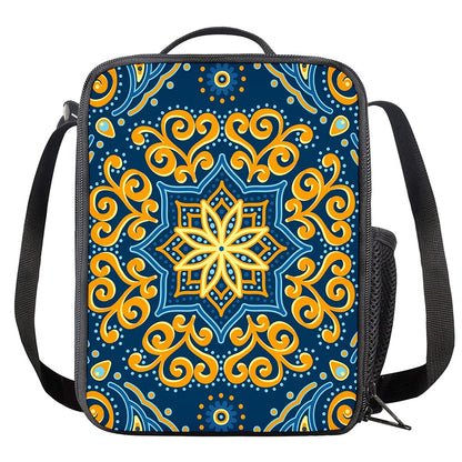 Blue And Gold Bohemian Mandala Print Crossbody Lunch Bag