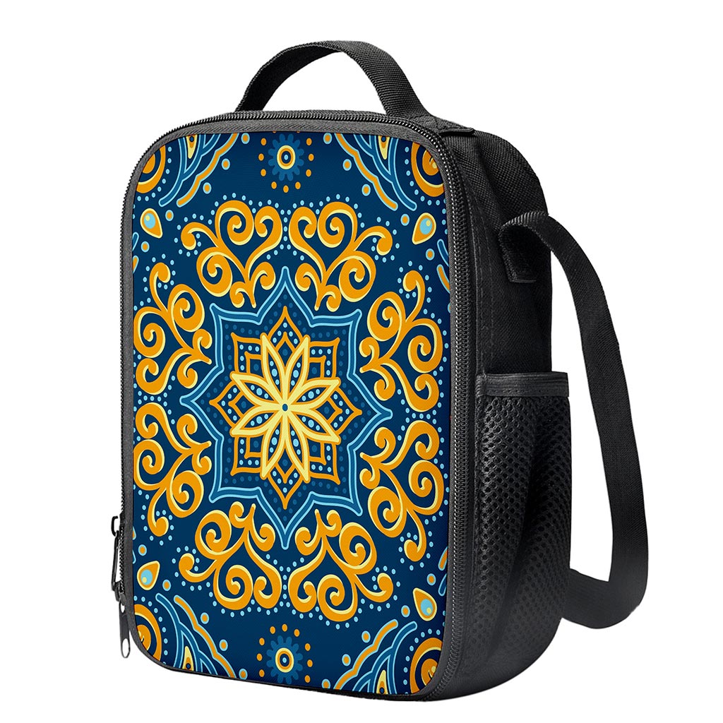 Blue And Gold Bohemian Mandala Print Crossbody Lunch Bag