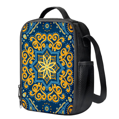 Blue And Gold Bohemian Mandala Print Crossbody Lunch Bag