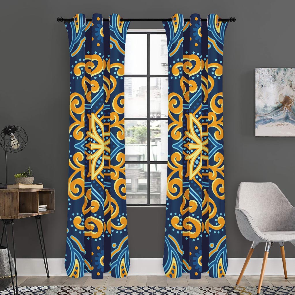 Blue And Gold Bohemian Mandala Print Curtain
