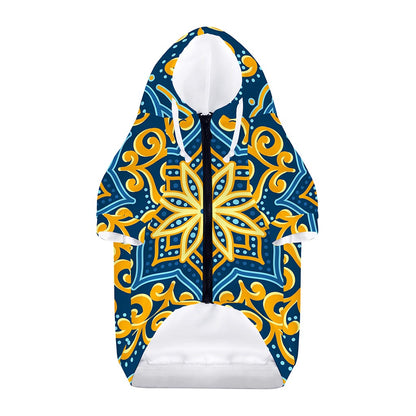 Blue And Gold Bohemian Mandala Print Dog Zip Up Hoodie