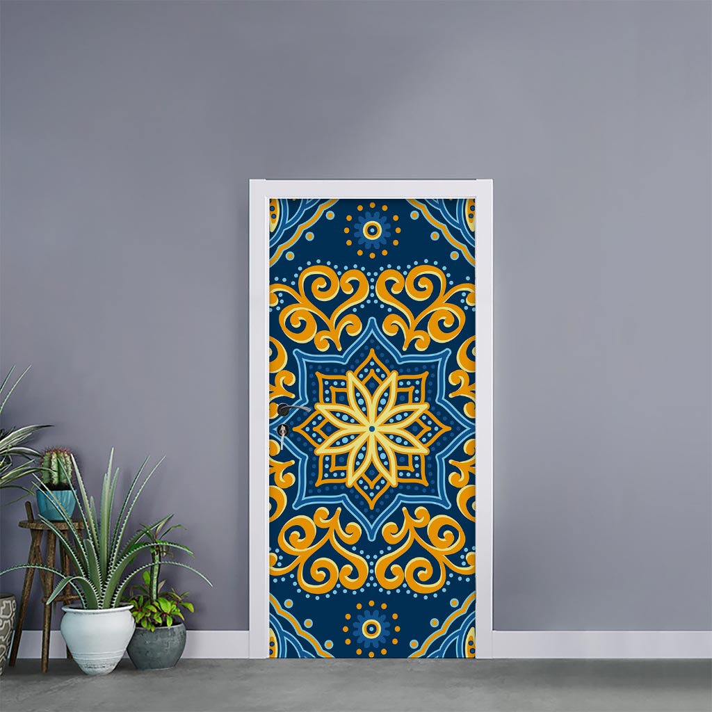 Blue And Gold Bohemian Mandala Print Door Sticker