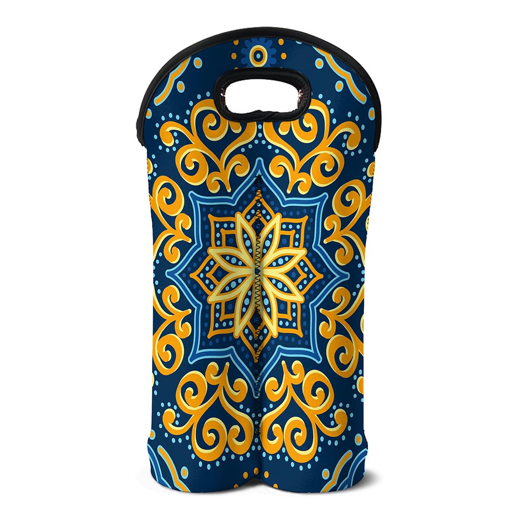 Blue And Gold Bohemian Mandala Print Double Neoprene Wine Tote