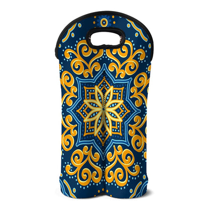 Blue And Gold Bohemian Mandala Print Double Neoprene Wine Tote