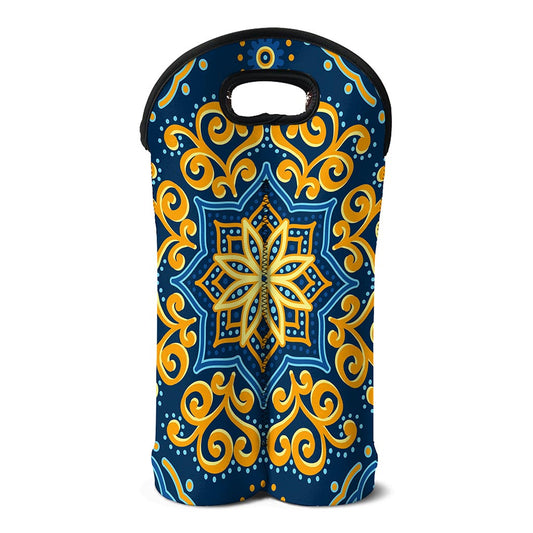 Blue And Gold Bohemian Mandala Print Double Neoprene Wine Tote