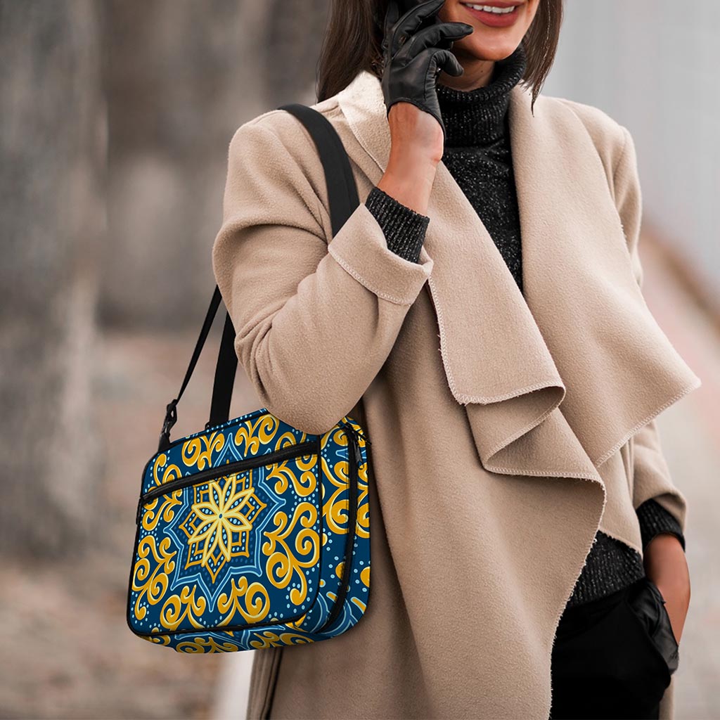 Blue And Gold Bohemian Mandala Print Double Strap Bible Bag
