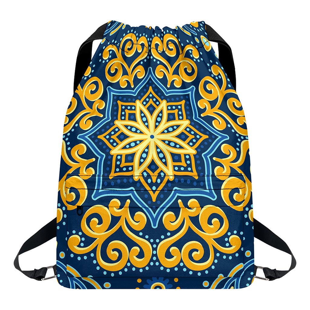 Blue And Gold Bohemian Mandala Print Drawstring Backpack