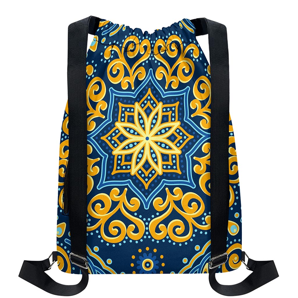 Blue And Gold Bohemian Mandala Print Drawstring Backpack
