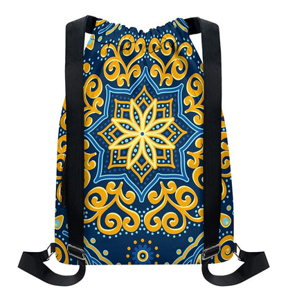 Blue And Gold Bohemian Mandala Print Drawstring Backpack