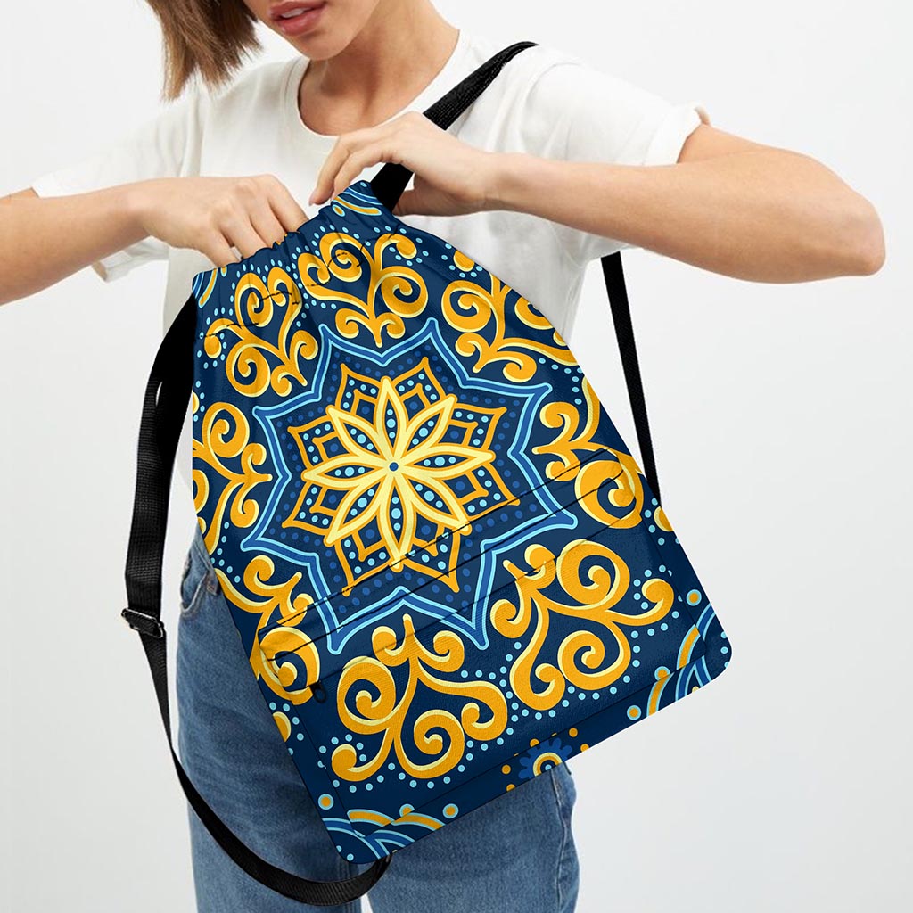 Blue And Gold Bohemian Mandala Print Drawstring Backpack