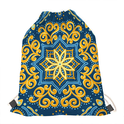 Blue And Gold Bohemian Mandala Print Drawstring Bag