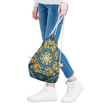 Blue And Gold Bohemian Mandala Print Drawstring Bag