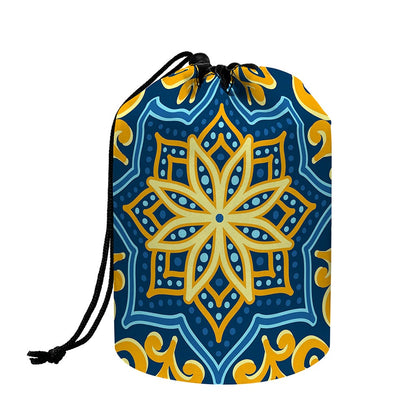 Blue And Gold Bohemian Mandala Print Drawstring Makeup Bag
