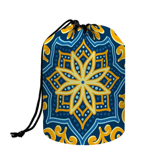 Blue And Gold Bohemian Mandala Print Drawstring Makeup Bag