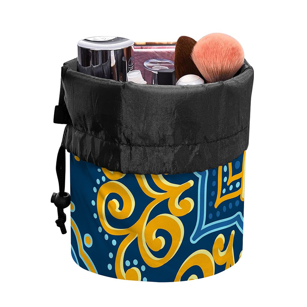 Blue And Gold Bohemian Mandala Print Drawstring Makeup Bag