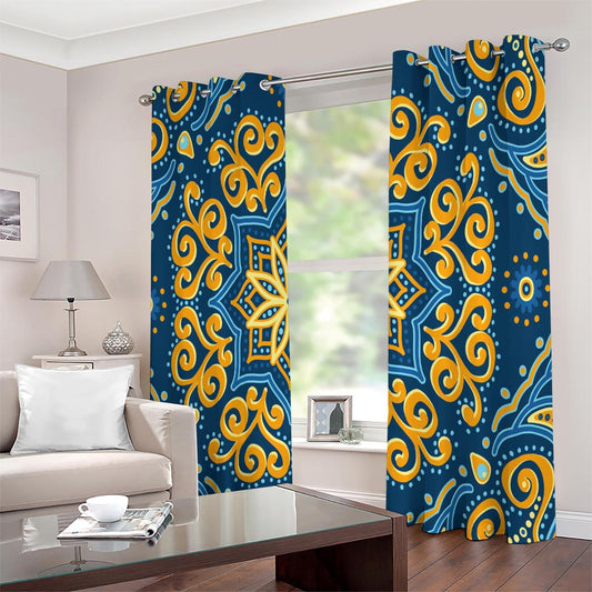 Blue And Gold Bohemian Mandala Print Extra Wide Grommet Curtains