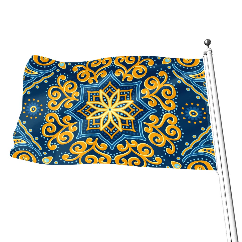 Blue And Gold Bohemian Mandala Print Flag