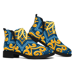 Blue And Gold Bohemian Mandala Print Flat Ankle Boots