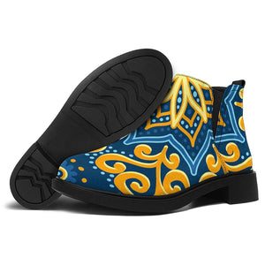 Blue And Gold Bohemian Mandala Print Flat Ankle Boots