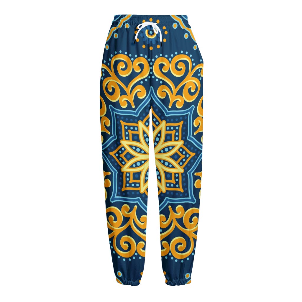 Blue And Gold Bohemian Mandala Print Fleece Lined Knit Pants