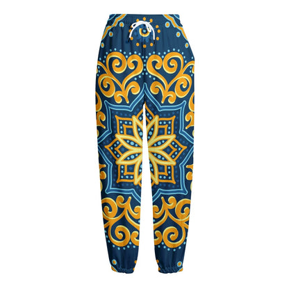 Blue And Gold Bohemian Mandala Print Fleece Lined Knit Pants